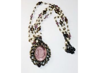 Vintage U S A  Purple  Cameo Pendant And Stone Beaded Necklace( Matches Earings  From Last Item)
