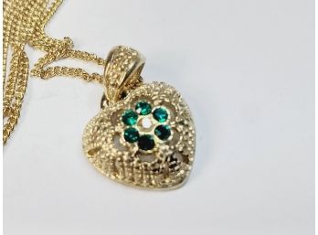 Gold Over Sterling Silver Heart Green Stone Pendant And Necklace