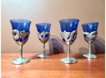 Set Of 4 -Blue Glass And Silver Toned Oriental Dragon Cordial Glasses