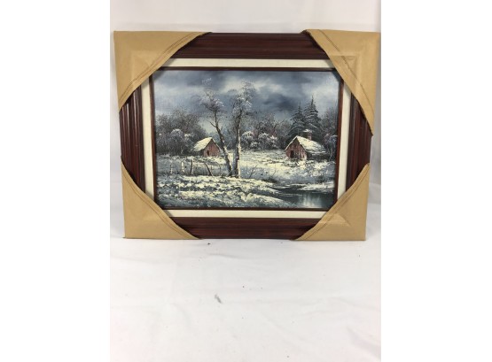 Winter Scene Framed & Signed Oil On Canvas