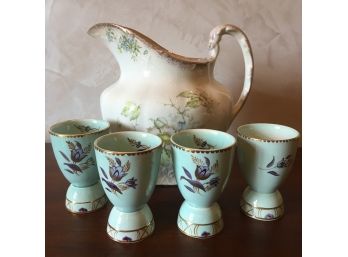 Four Vintage Adams (england) Porcelain Cups/egg Cups And A Vintage Porcelain Water Pitcher.