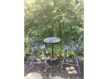 Outdoor Aluminum Victorian Style High Table And 2 High Chairs.