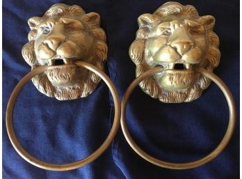 Pair Of Vintage Brass Lion Heads Towle's Hangers.