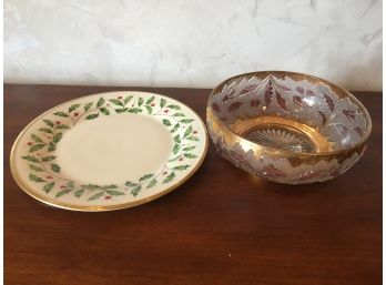 Holiday Theme Lenox Holiday Plate And An Unmarked Decorative Vintage Glass  Fruit Bowl.
