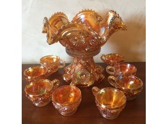 Stunning Vintage Carnival Glass Marigold Punch Set.