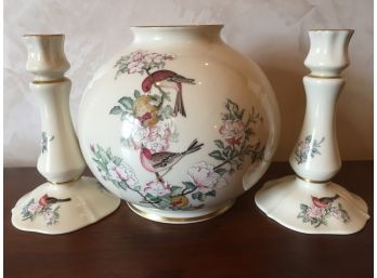 Lenox Serenade Set Of Fine Porcelain Candle Holders And A Matching Vase.