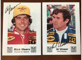 Two Singed Indy 500 Car Racing Pieces Of Sport Memrobilia By Rick Mears And Al Unser.