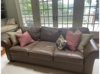 Brown Leather Sofa #1 Plus Throw Pillows 92x40x36 Well Loved (This Set Is Against Window)