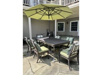 Restoration Hardware Grated Wrought Iron Table, 6 Chairs, Cushions With Green Umbrella  No Stand
