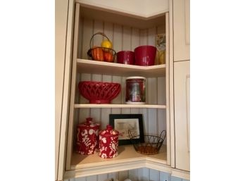19 Pieces Of Kitchen Items - Canisters, Baskets, Decor Etc.
