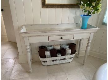Presence Of Piermont - White Dry Sink StyleWooden Table, Basket Of Brand New Towels And Bathroom Decor