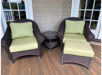 Set Of 2 Rattan Chairs With Green Cushions, Ottoman & Round Table
