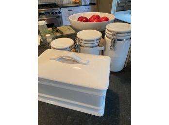 White Ceramic Williams Sonoma Ceramic Bread Box Canisters And Fruit Stand With Apples