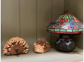 Tiffany Style Lead Glass Lamp & Set Of 2 Wood Hedgehogs