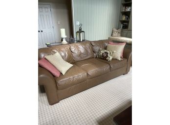 Brown Leather Sofa #2 Plus Throw Pillows  92x40x36  Well Loved Some Nicks (This Set Is Inside The Living Room)