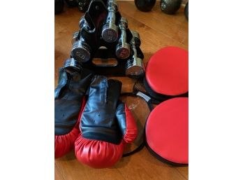 Set Of Dumbbells W/ Rack And Boxing Gloves (missing 5lb Dumbbells