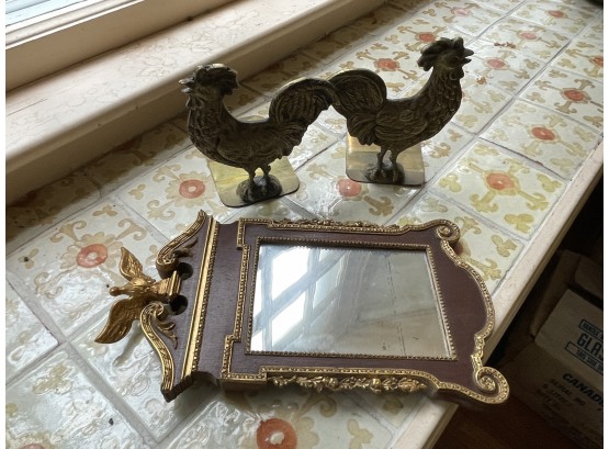 ROOSTER BOOKENDS AND A MIRROR