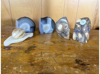 GEODE AND STONE BOOKENDS AND A STONE EGG ON STAND