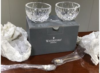 Wonderful WATERFORD Crystal Condiment Serving Set With Silver Plated Spoon - Lismore Pattern - New In Box !
