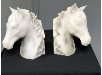 Wonderful Vintage Hand Carved Marble / Alabaster Horse Head Bookends - Very Nice Pair - Unusual Style