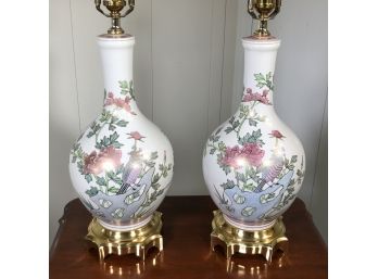 Stunning Large Pair Of Asian Vase Lamps By Ethan Allen - Paid $465 Each - Beautiful Quality - VERY PRETTY !