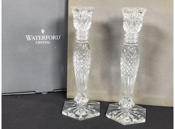 Stunning Brand New WATERFORD - BETHANY Pattern Crystal Candlesticks - New In Box Paid $395 - Seahorse Mark