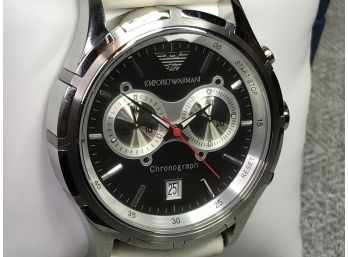 Incredible $675 GIORGIO ARMANI / EMPORIO Mens Chronograph Watch - Silver Case With White Silicone Strap