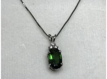 Stunning 14k White Gold Box Chain Necklace With Emerald & Diamond Pendant Would Be THOUSANDS To Buy New