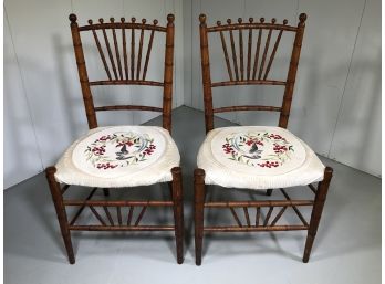 Fabulous Pair Of Antique 1840s - 1860s Faux Bamboo Chairs - With Hand Done Embroidery Seats - BEAUTIFUL PAIR !
