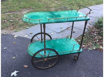 Stunning Vintage ALDO TURA Cocktail / Tea Cart - Lacquered Goatskin With Brass Trim - Incredible Green Color !