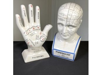 Vintage Style PHRENOLOGY Head & PALMISTRY Hand - Great Interesting Decorator Pieces - Both Nice Condition