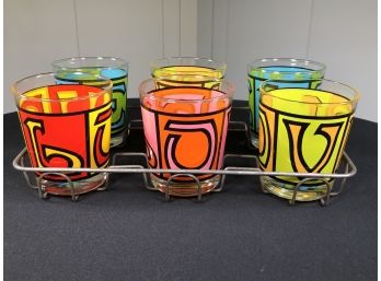 Set Of Six (6) MCM / Retro / Hippie LOVE Rocks Glasses - Cool Vibrant Colors - Unused With Wire Caddy WOW