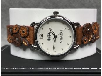 Beautiful Brand New Ladies COACH $395 Watch With Leather Band With Applied Leather Flowers