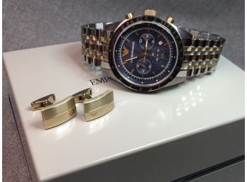 Spectacular New Mens $975 GIORGIO ARMANI / EXCHANGE Chronograph Watch With Matching Cufflinks New In Box WOW !