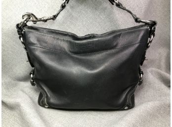 Very Nice All Black Leather COACH Purse / Handbag - With Silver Hardware - Eggplant Colored Lining - Nice !