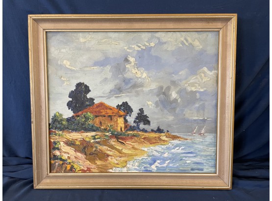 Colorful Vintage Oil On Canvas Seaside Painting Signed