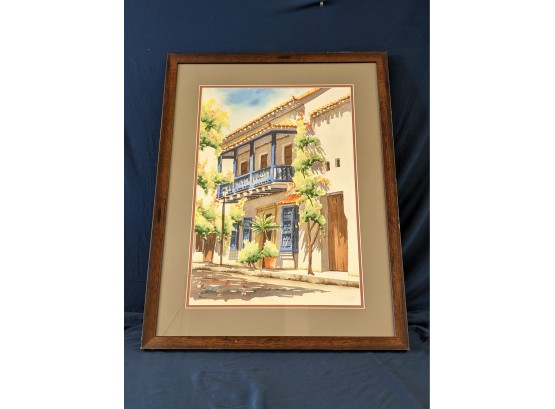 Signed & Dated Watercolor Painting Of A Southern Stucco House
