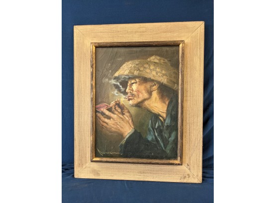 Oil On Canvas Painting Of An Asian Man Lighting A Cigarette - Illegibly Signed