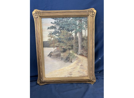 Antique Lake Side Oil Painting In Art Nouveau Frame