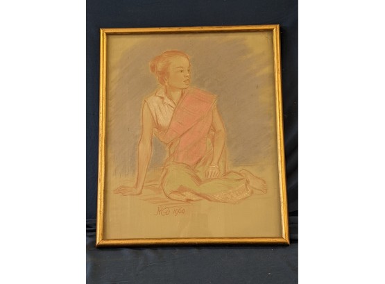 Initialed Pastel On Artist Paper Young Woman Dated 1960