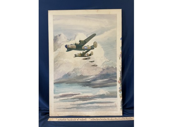 Original Watercolor WWII B24 Bombers In Flight