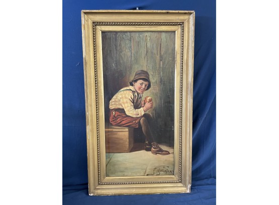 Signed Antique On Canvas Painting Of Seated Boy