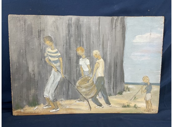 Oil On Board Painting Signed Peabody Titled 'beach Combers' 1951