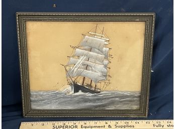 Antique Painting On Paper Of Ship Signed