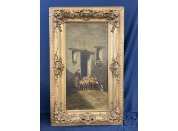 Antique August Bauer Oil On Canvas Painting Woman W/ Sheep