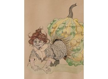 Initialed / Monogrammed Pen And Ink Drawing Or Sketch Of A Gourd Fairy / Gnome   Witch