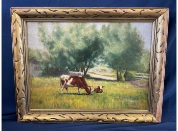 Antique Oil On Canvas Cow Pastoral Landscape Painting