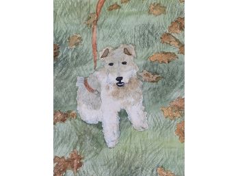 Signed S. Hayes Watercolor Of A Terrier Dog In Autunm Leaves