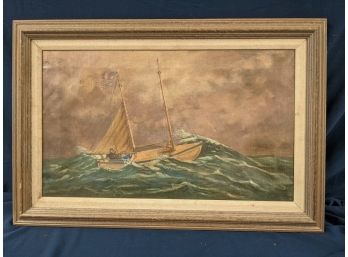 Signed Early Folk Art Painting Of  A Family In A Storm Tossed Ship Named The 'New Bedford'