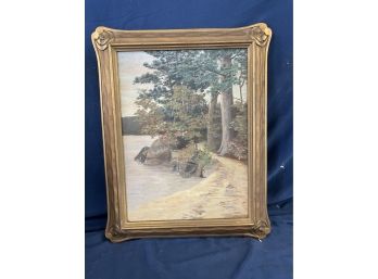 Antique Lake Side Oil Painting In Art Nouveau Frame
